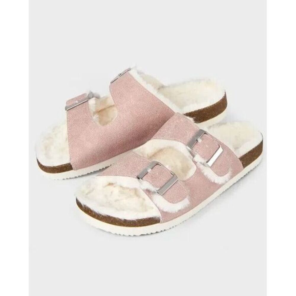 Faux Fur Slide Buckle Double Strap Flat Footbed Slipper Sandal Pink Sz 12‎ Girls